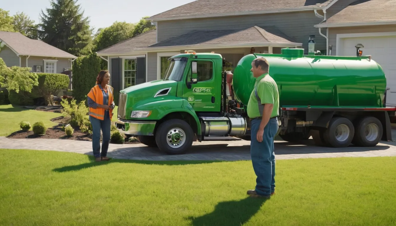 A friendly service provider talking with a homeowner beside a septic access lid in a yard near Kansas City